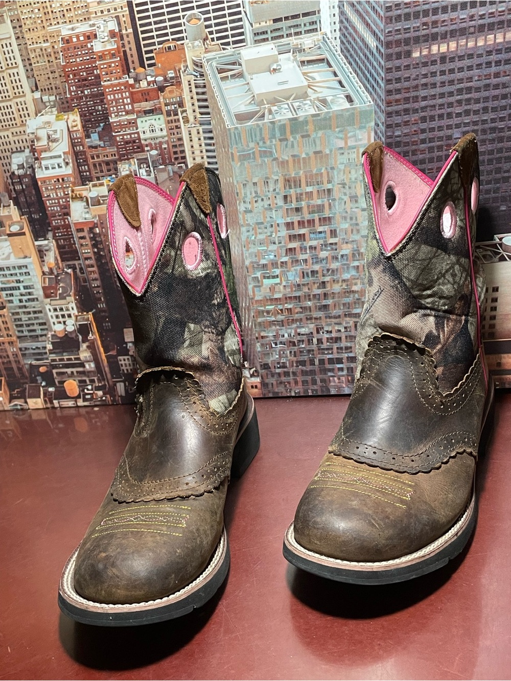 Ariat Fatbaby Western Camo Brown Leather Ranch Cowboy Boots 10006854 Womens 10 B - Picture 6 of 11